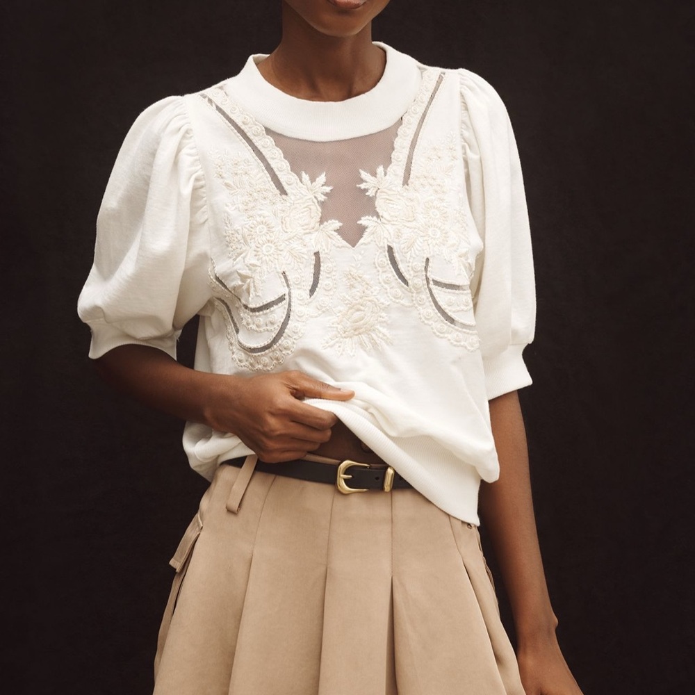 NWOT. By Anthropologie Puff-Sleeve Embellished Elbow-Sleeve Sweatshirt cream